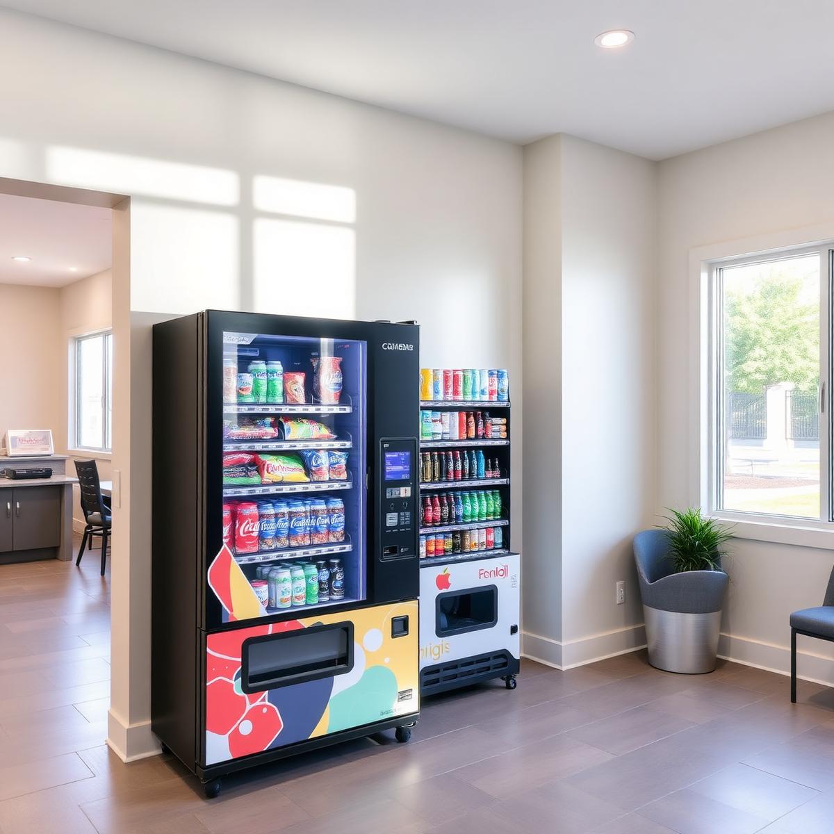 Combo snack and drink vending machines in a bright apartment community clubhouse