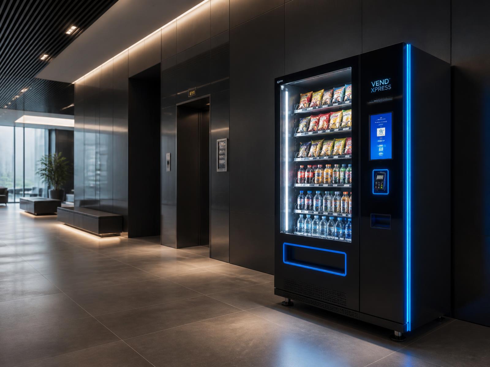 Modern vending machine with a card reader installed in a clean corporate office lobby