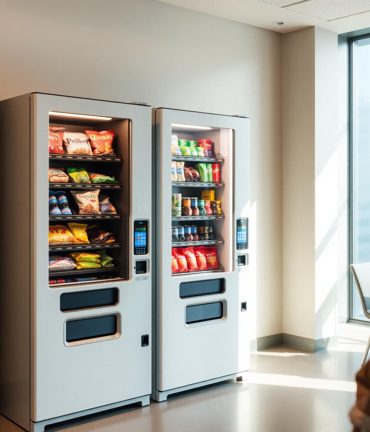Two well-stocked vending machines with card readers in a corporate break room